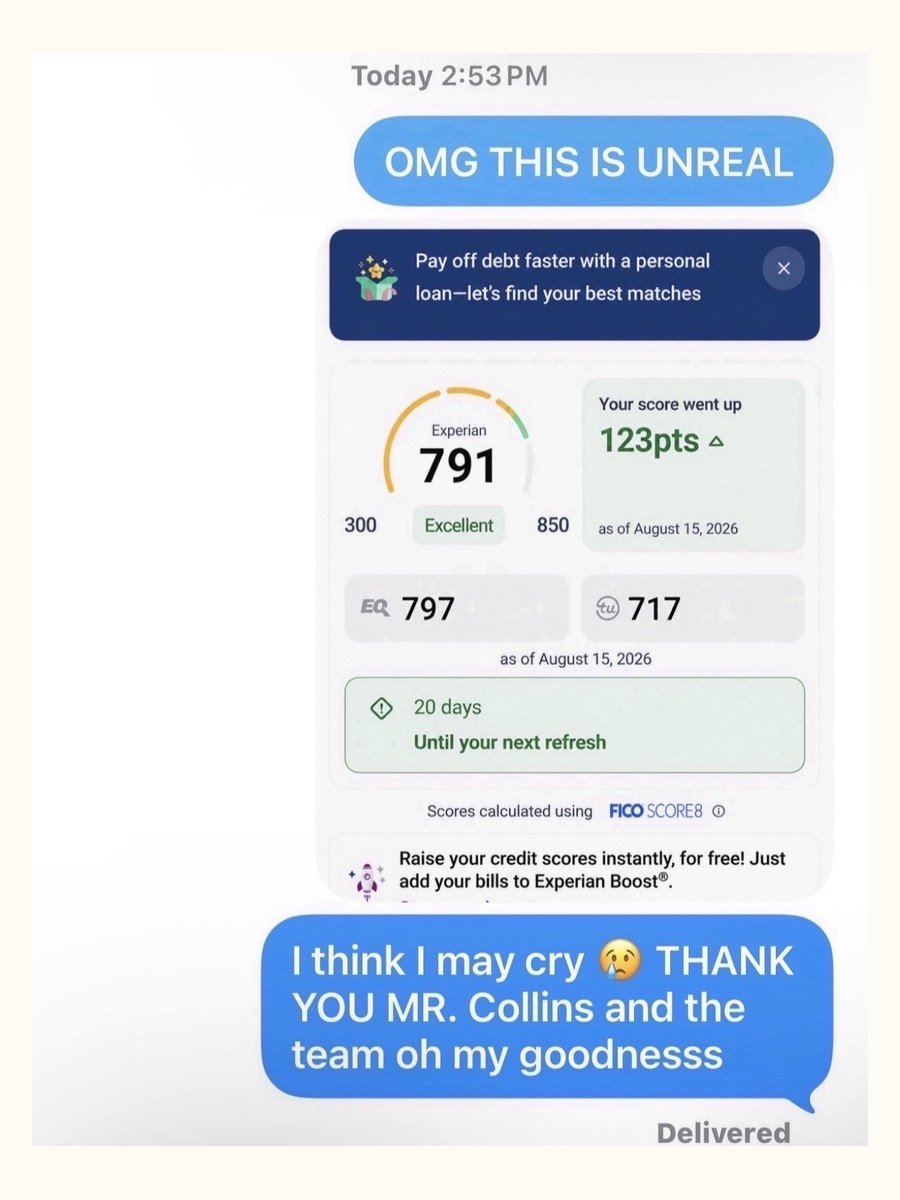 Collins Client — Experian 791 · +123 pts